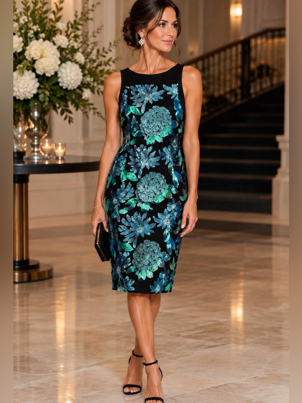 Badgley Mischka Black Midi Dress with Blue and Green Sequin Floral Motif